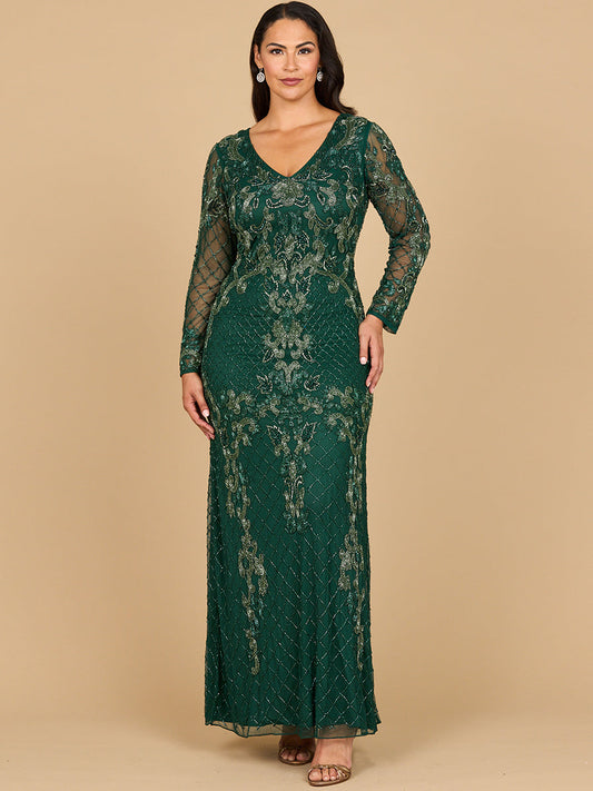 Lara 28877-  Long Sleeve Contrast Beaded Gown