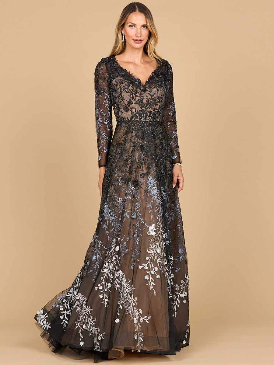 Long Sleeve V-Neck Ombre Lace Gown
