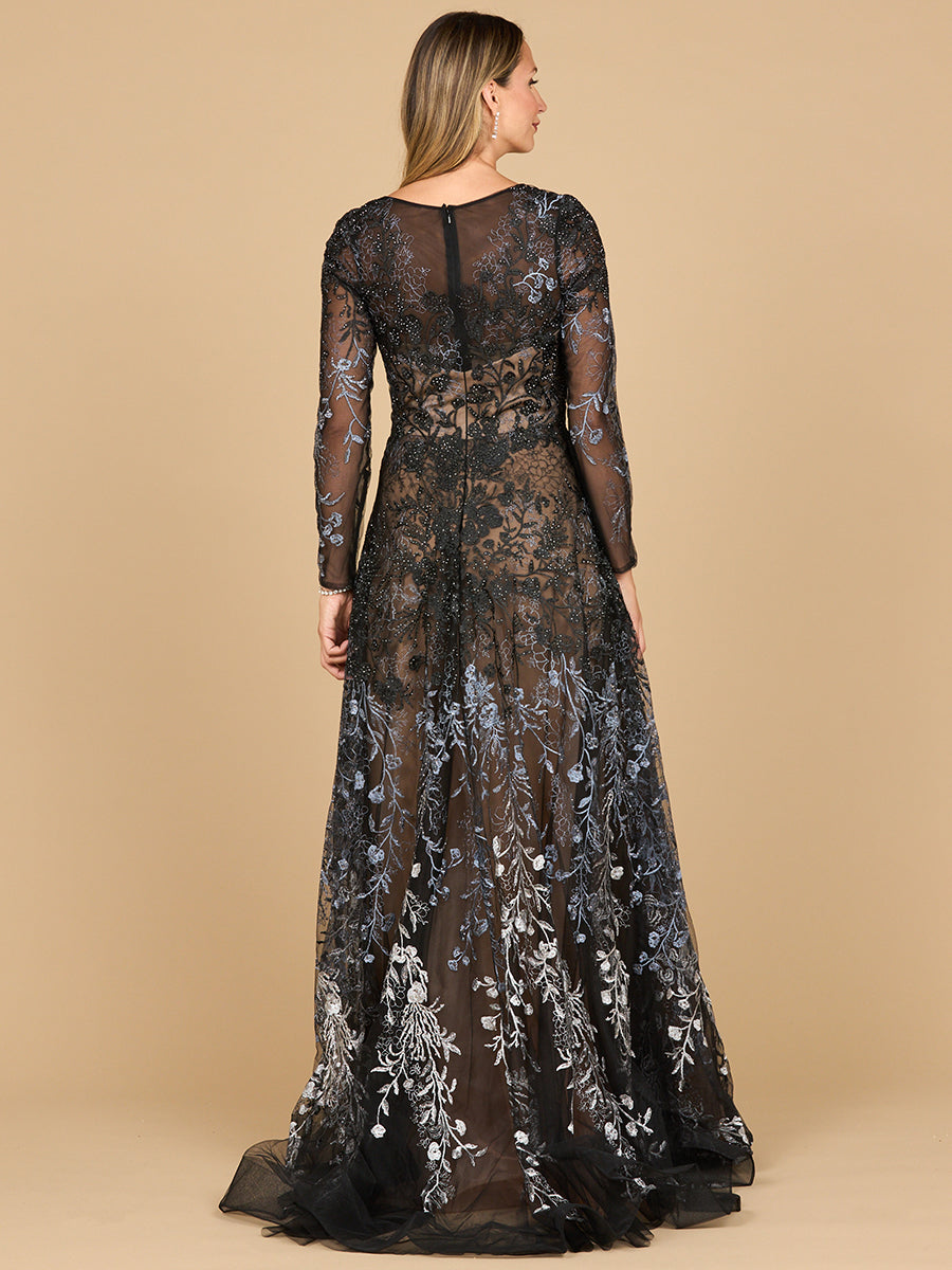 Long Sleeve V-Neck Ombre Lace Gown