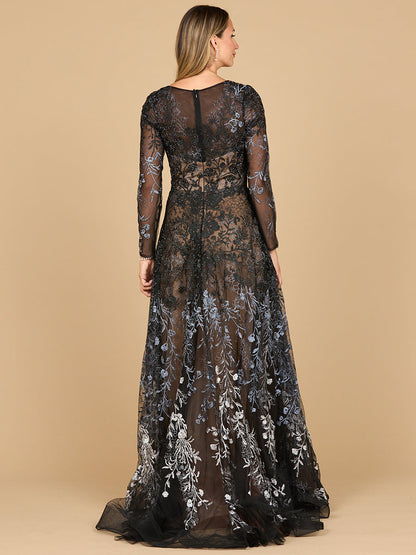 Long Sleeve V-Neck Ombre Lace Gown