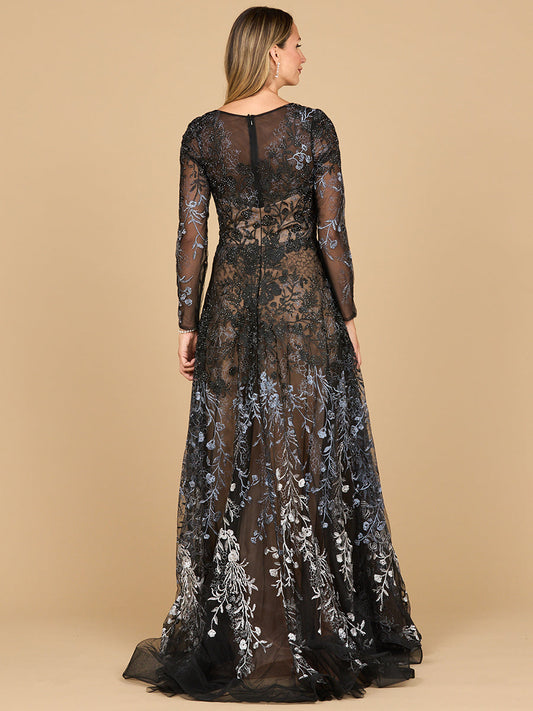 Long Sleeve V-Neck Ombre Lace Gown