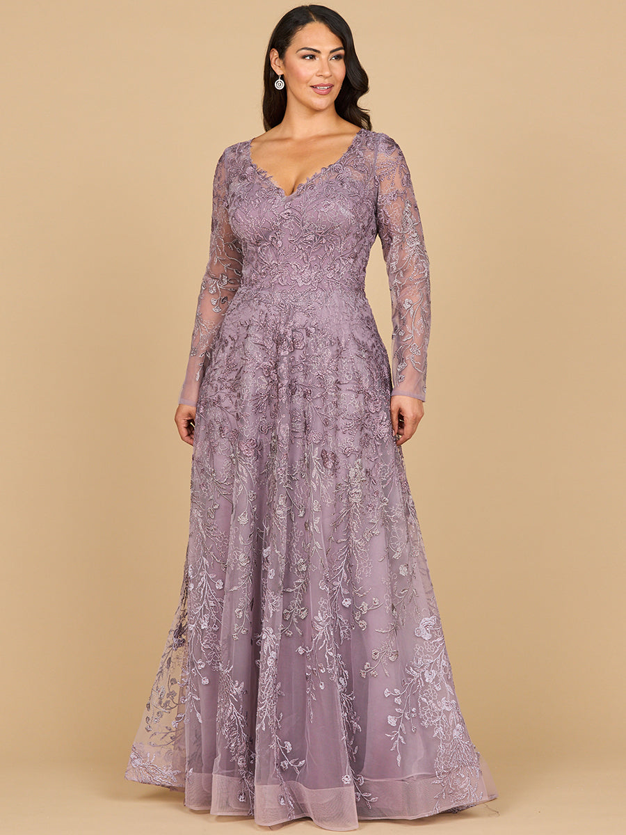 Long Sleeve V-Neck Ombre Lace Gown