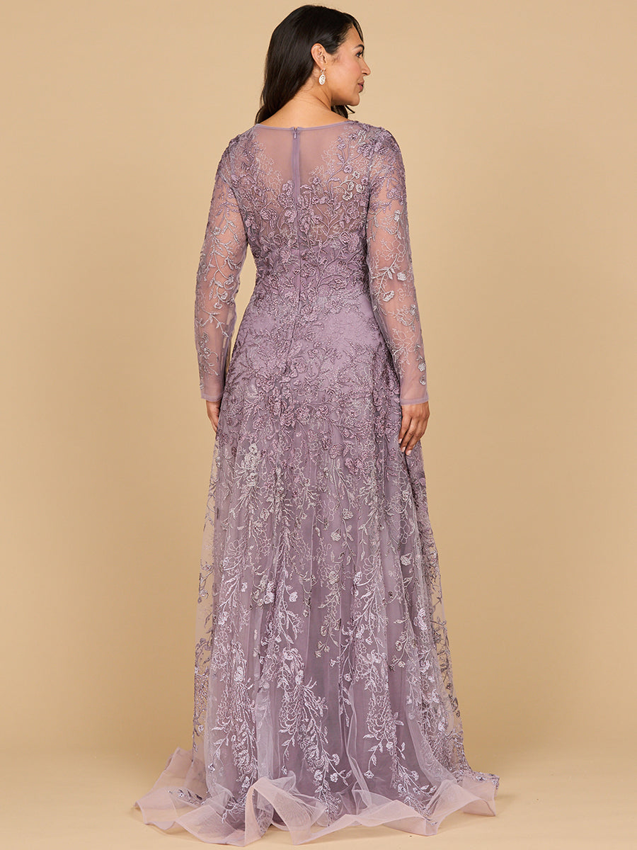 Long Sleeve V-Neck Ombre Lace Gown