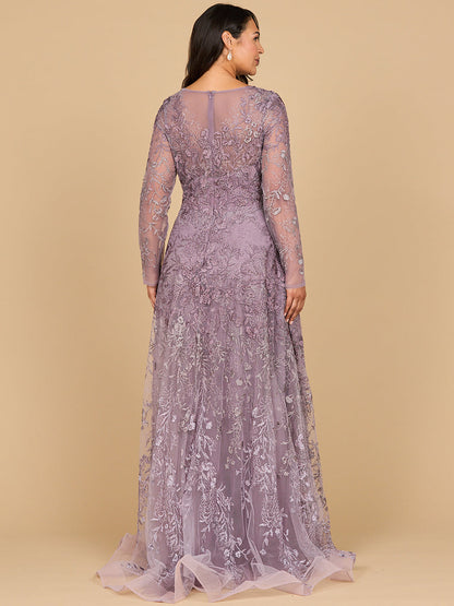 Long Sleeve V-Neck Ombre Lace Gown