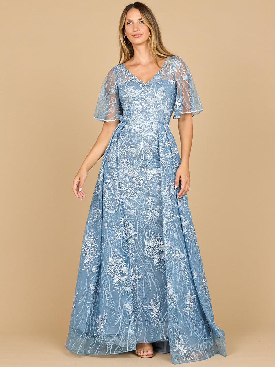 Overskirt Lace Fitted V-Neck Gown with Cape Sleeves