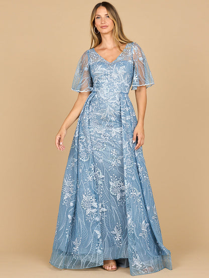 Overskirt Lace Fitted V-Neck Gown with Cape Sleeves