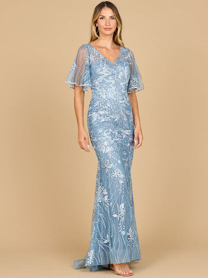 Overskirt Lace Fitted V-Neck Gown with Cape Sleeves