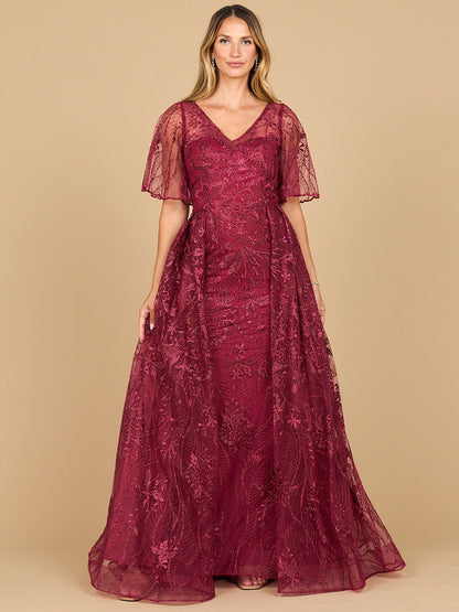 Overskirt Lace Fitted V-Neck Gown with Cape Sleeves
