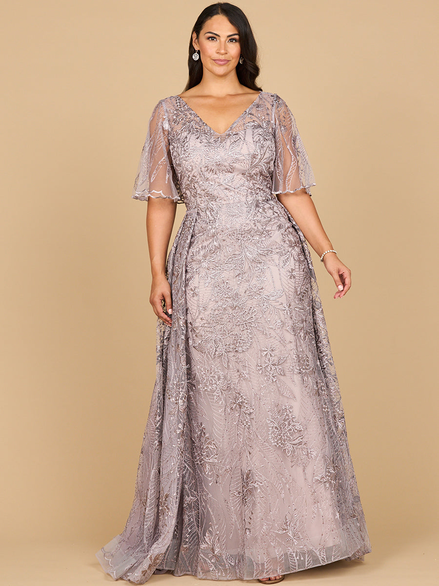 Overskirt Lace Fitted V-Neck Gown with Cape Sleeves