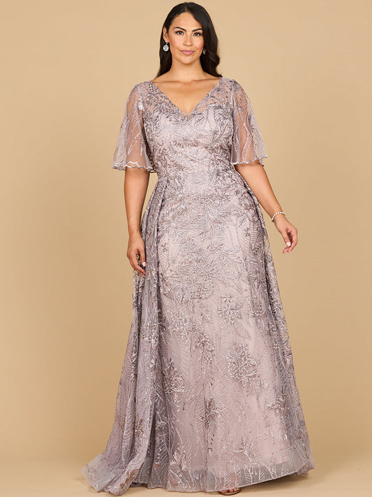 Overskirt Lace Fitted V-Neck Gown with Cape Sleeves