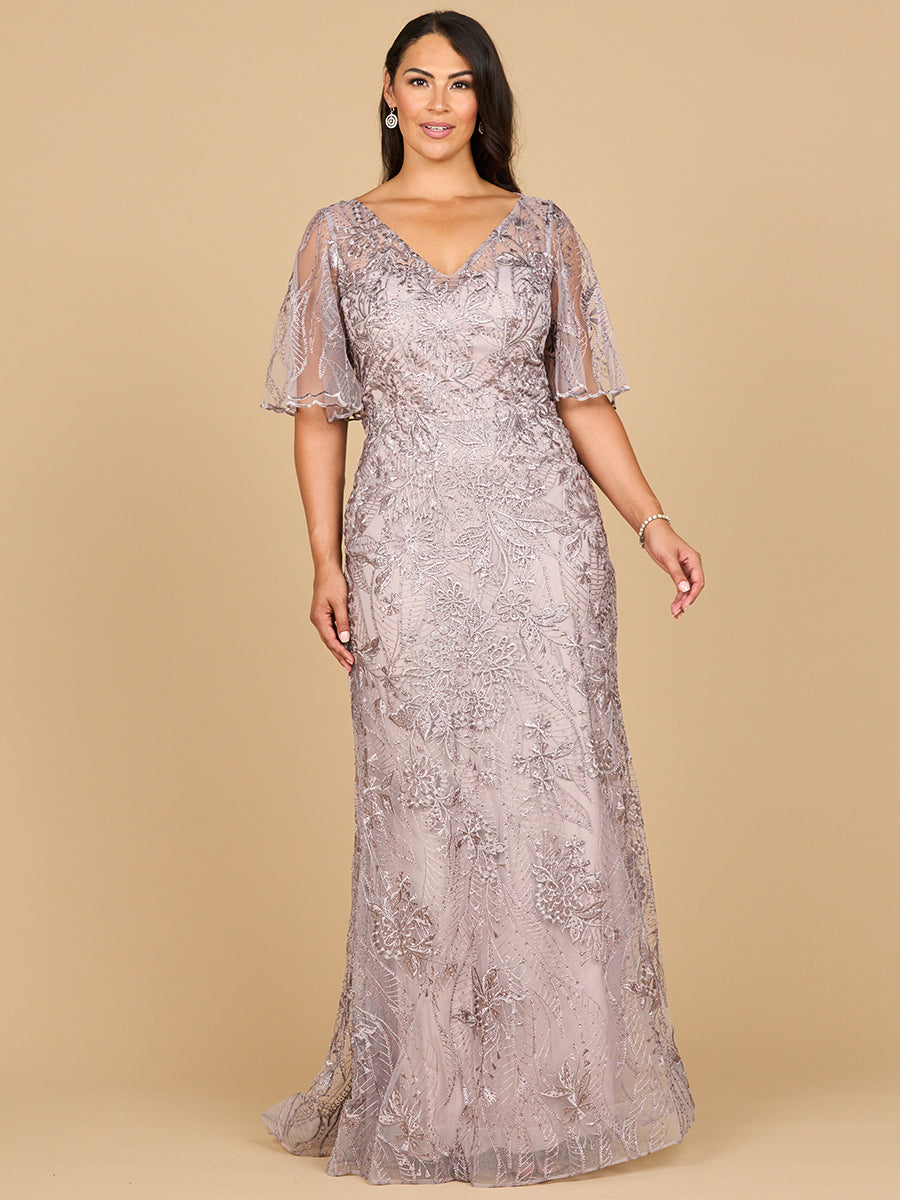 Overskirt Lace Fitted V-Neck Gown with Cape Sleeves