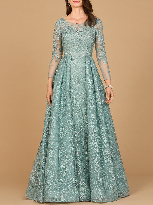 Long Sleeve Gown with Overskirt & Illusion Neckline