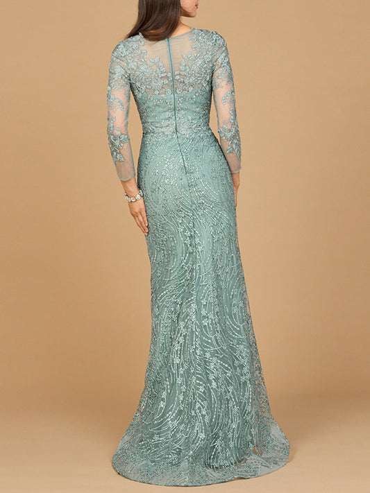 Long Sleeve Gown with Overskirt & Illusion Neckline