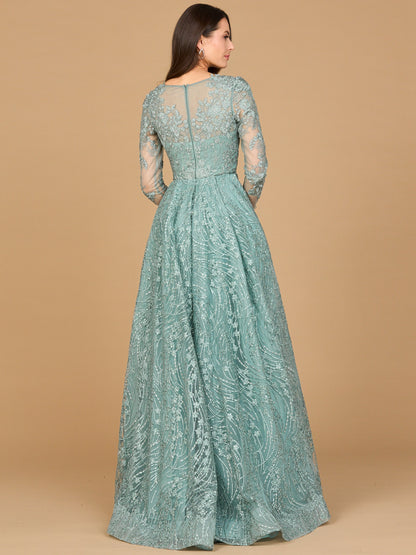 Long Sleeve Gown with Overskirt & Illusion Neckline