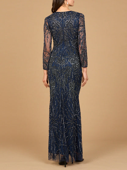 High Neck, Long Sleeve Beaded Gown
