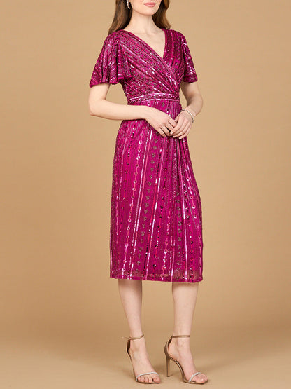 Beaded Midi Dress with Flutter Sleeves