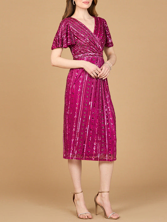 Beaded Midi Dress with Flutter Sleeves