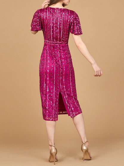 Beaded Midi Dress with Flutter Sleeves