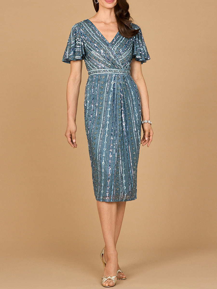 beaded midi dress with sleeves Allover Beaded Short Sleeve Midi Dress