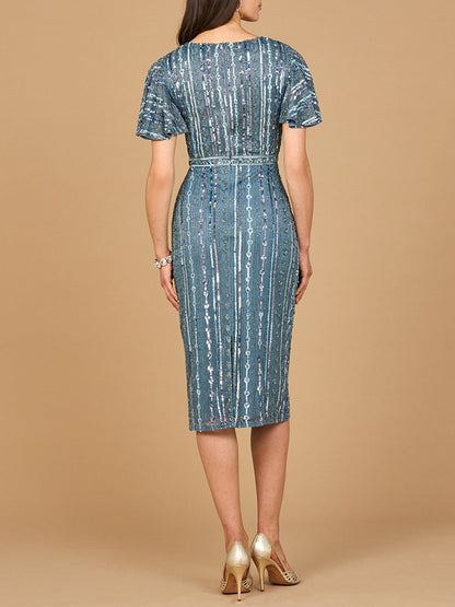 Beaded Midi Dress with Flutter Sleeves