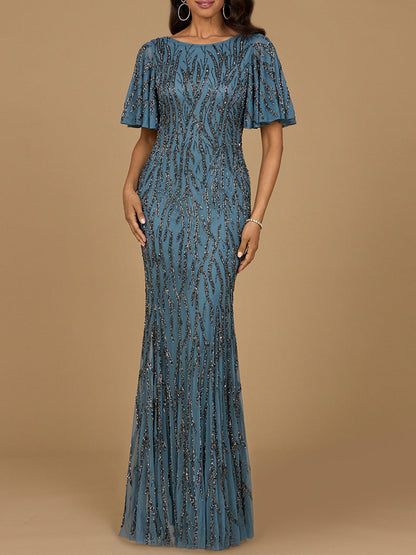 Beaded Gown with Flutter Sleeves