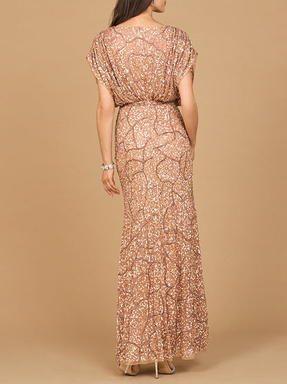 Beaded Gown with Draped Cape Sleeves