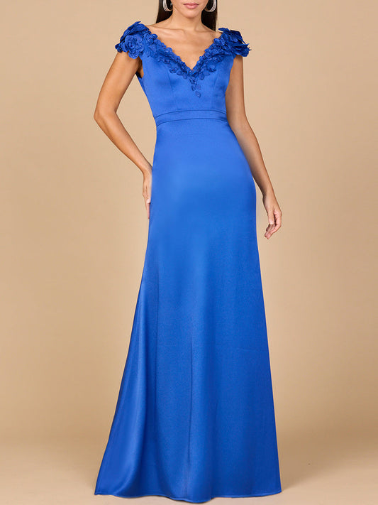 V-Neck, Satin Backed Crepe Gown