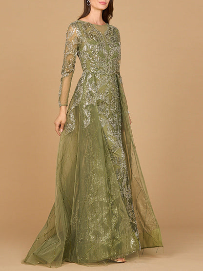 Long Sleeve Gown with Overskirt & High Neck