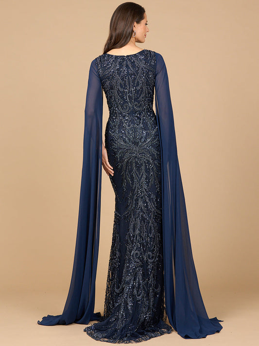 High Neck Gown with Chiffon Cape Sleeves