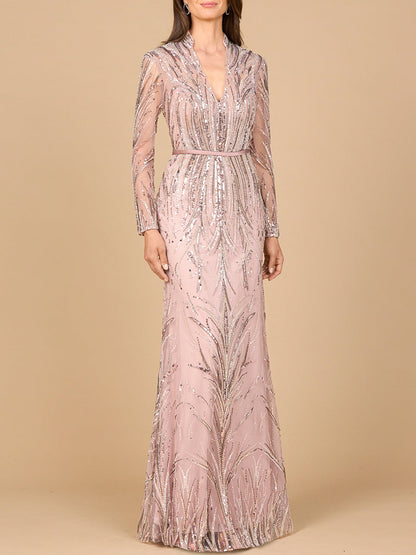 Mandarin V-Neck Gown with Long Sleeves