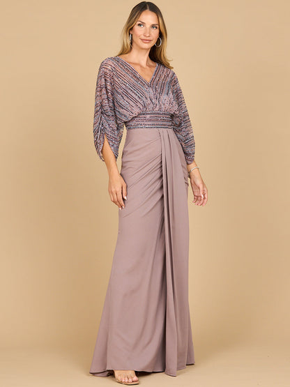 Draped Skirt Gown with Cape Sleeves