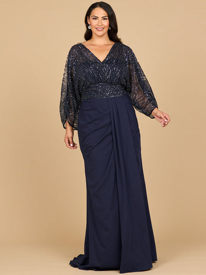 Draped Skirt Gown with Cape Sleeves