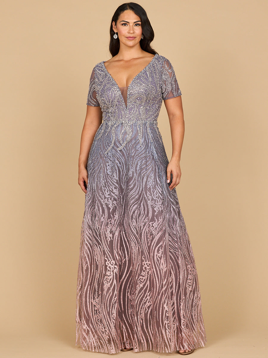 Short Sleeve V-Neck Beaded Ballgown