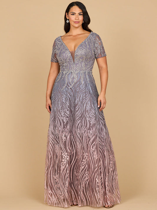 Short Sleeve V-Neck Beaded Ballgown