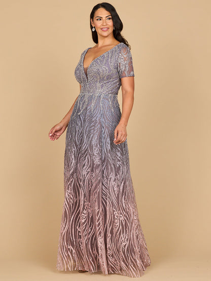 Short Sleeve V-Neck Beaded Ballgown