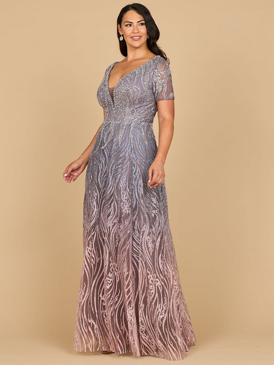 Short Sleeve V-Neck Beaded Ballgown