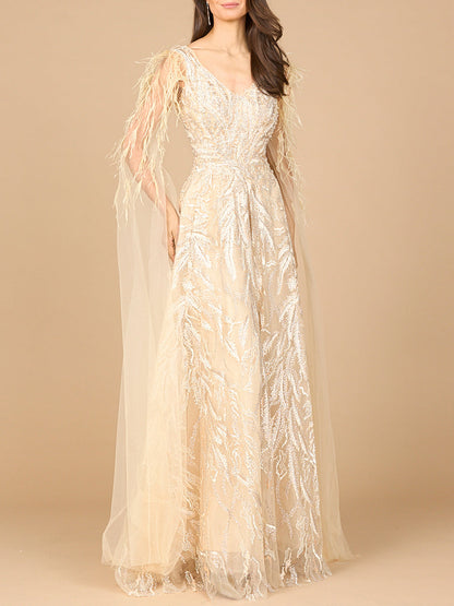V-Neck Lace Gown with Cape Sleeves
