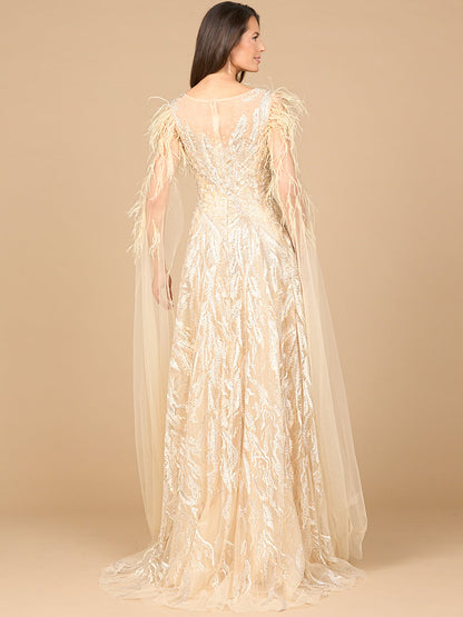 V-Neck Lace Gown with Cape Sleeves