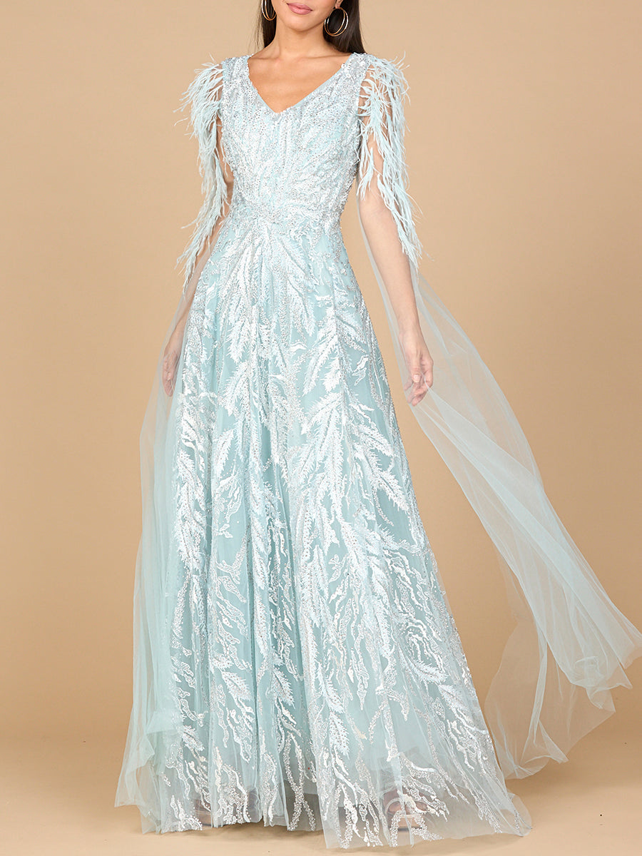 V-Neck Lace Gown with Cape Sleeves