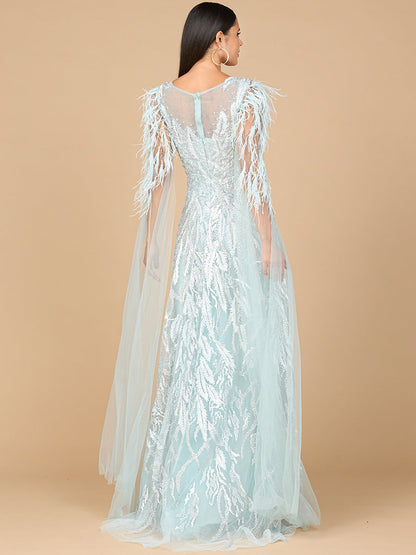 V-Neck Lace Gown with Cape Sleeves