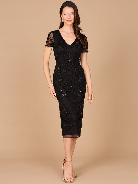 Beaded Midi Dress with Cap Sleeves