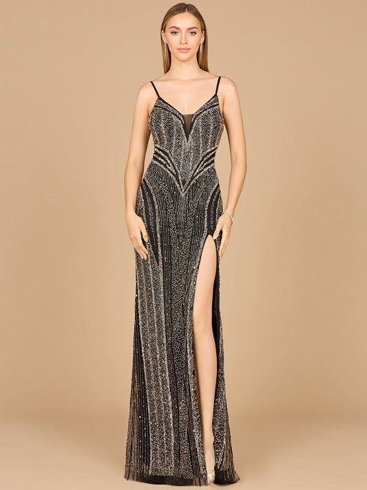 Spaghetti Strap Beaded Gown with Slit