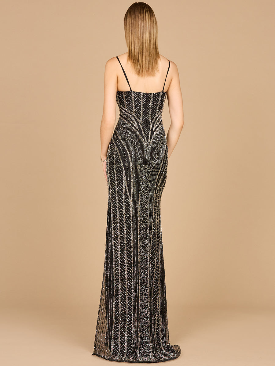 Spaghetti Strap Beaded Gown with Slit