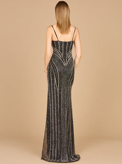 Spaghetti Strap Beaded Gown with Slit