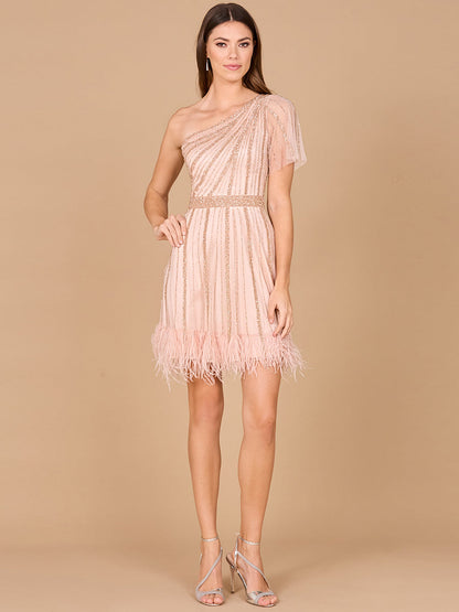 One Shoulder Cocktail Dress with Feathers
