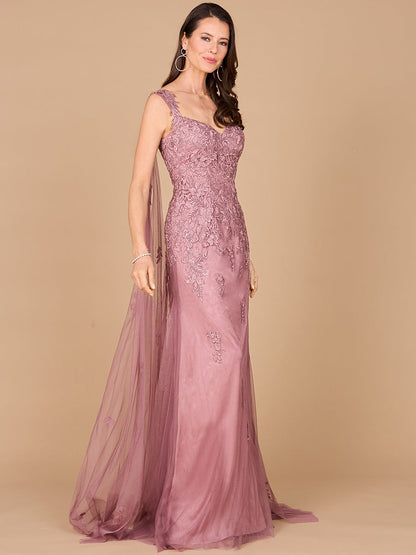 Embroidered Lace Gown with Flowing Capes