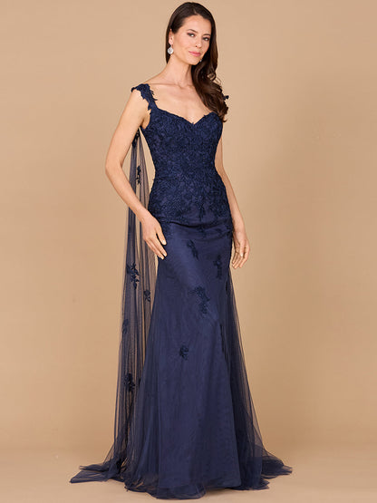 Embroidered Lace Gown with Flowing Capes