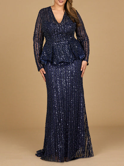 Long Sleeve Beaded Peplum Dress