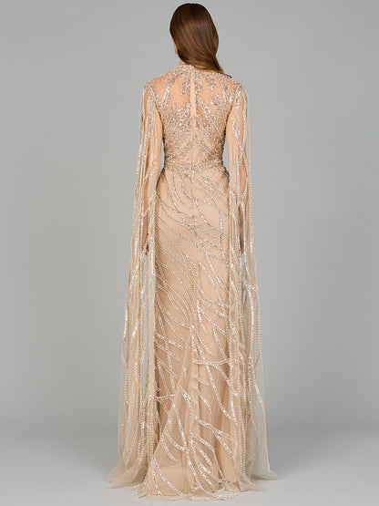 High Neck Gown with Long Cape Sleeves