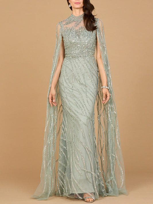 High Neck Gown with Long Cape Sleeves